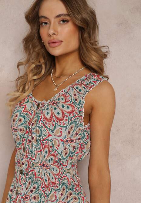 Czerwono-Zielona Kwiecista Sukienka Midi z Cienkimi Gumkami w Talii i Falbankami Jallia