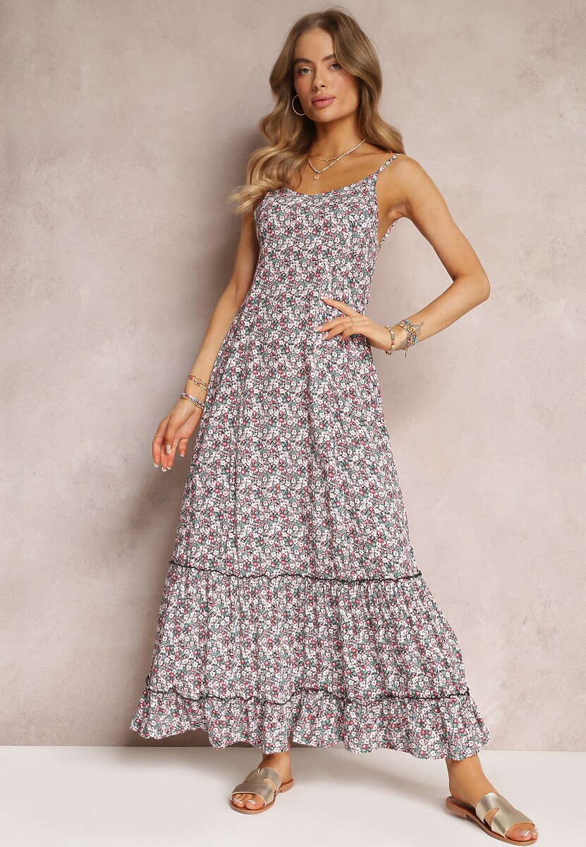 Biała Sukienka Maxi z Wiązanymi Ramiączkami i Falbanką na Dole Krosby