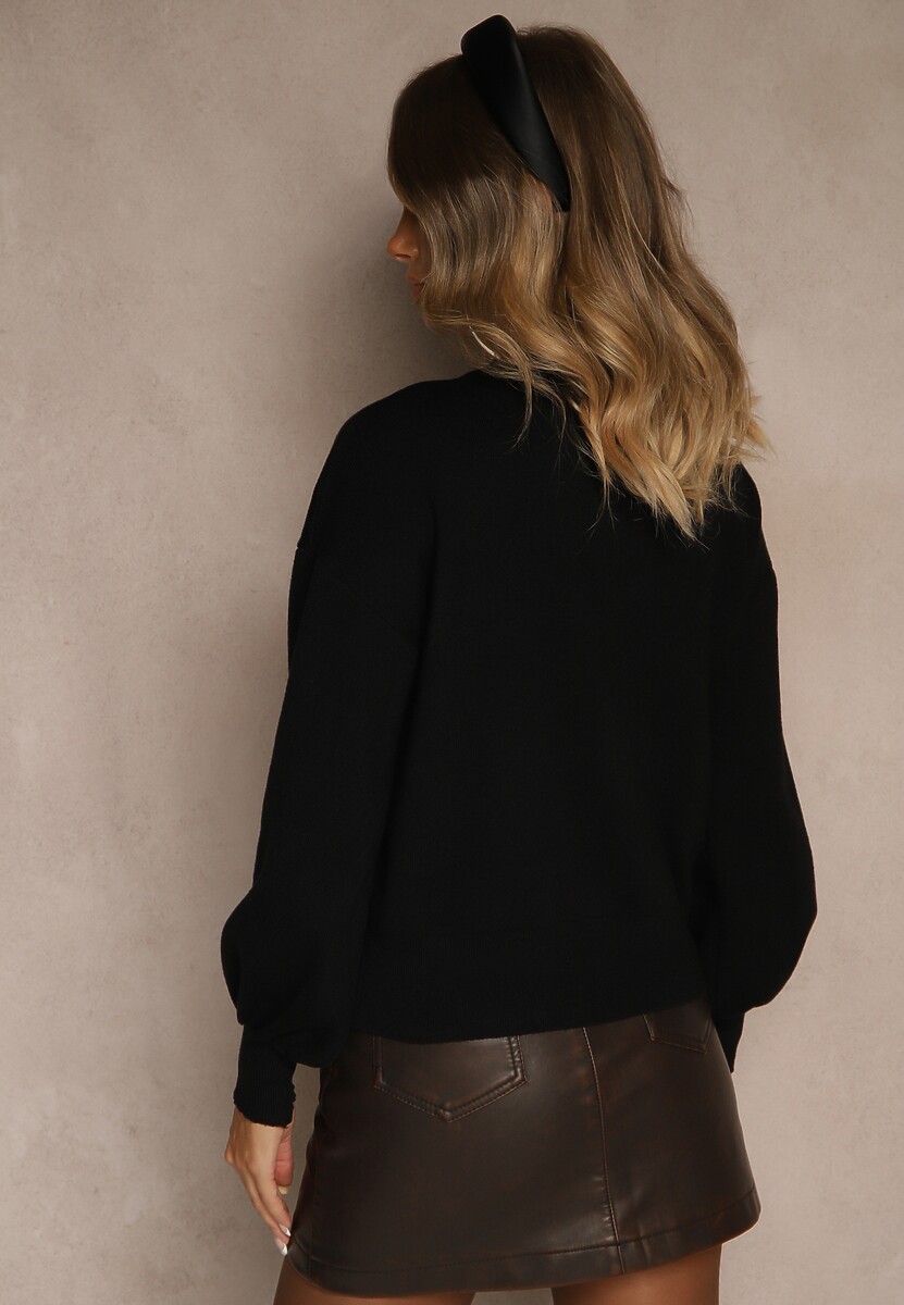 Czarny Kardigan z Wiskozą Zdobiony Eleganckimi Napami i Bufiastymi Rękawami Acannte