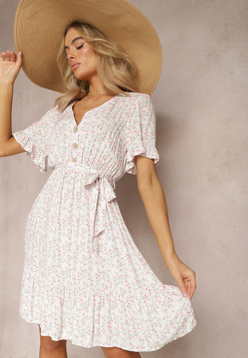 Niebieska Rozkloszowana Sukienka Wiskozowa Mini w Kwiatowy Print z Falbanką Taelle