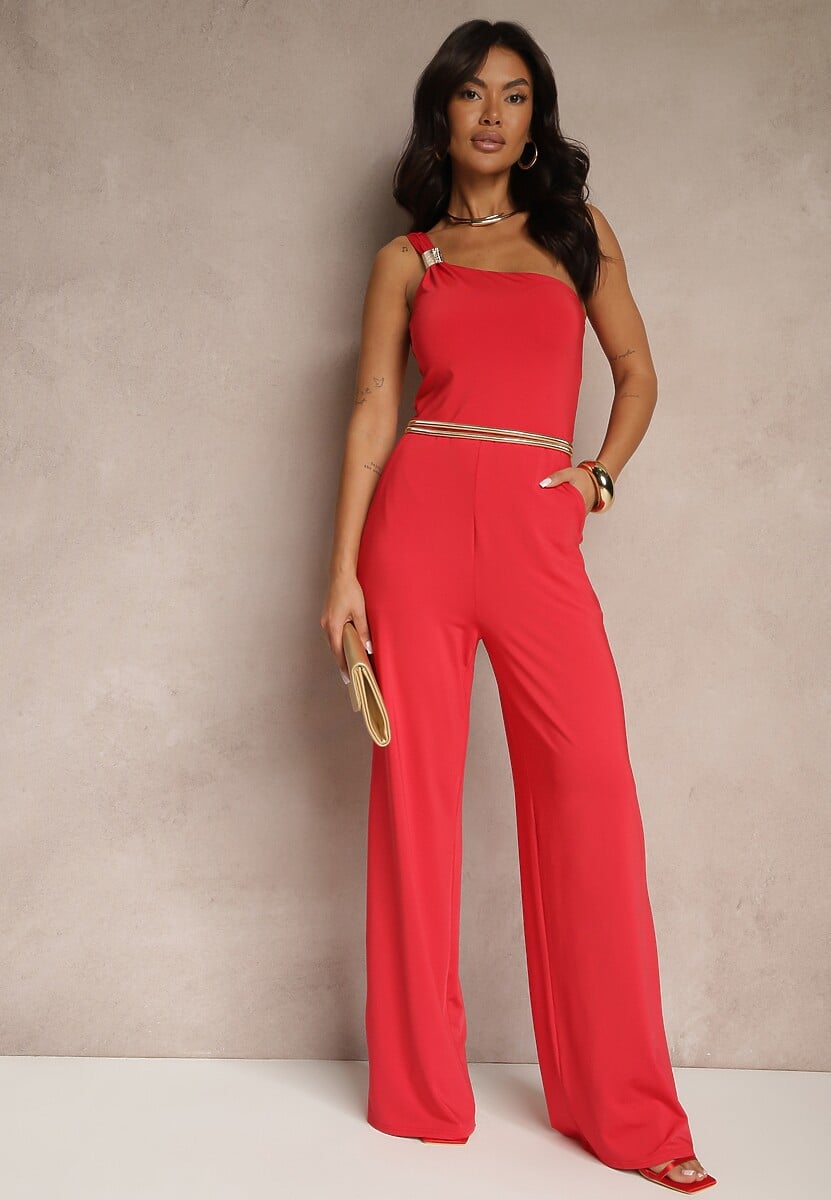 Czerwony Kombinezon Asymetryczny na Jedno Ramię z Długimi Nogawkami i Kieszeniami Efridelle