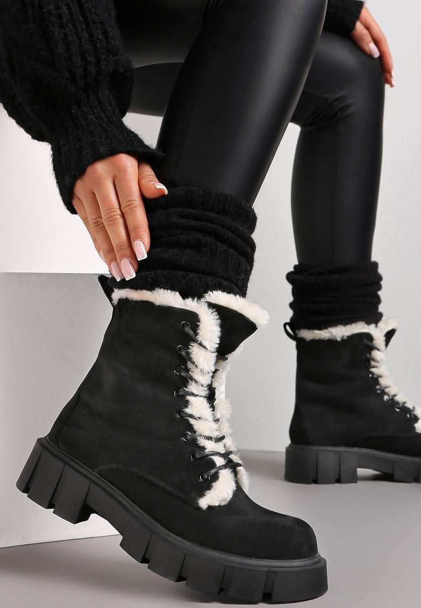 Czarne Traperki Workery z Futerkiem na Grubej Podeszwie Dathi