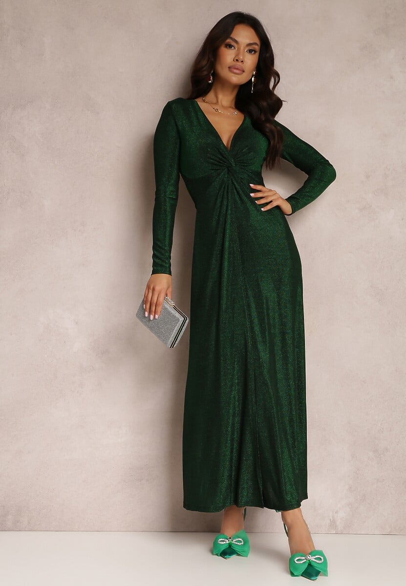 Zielona Sukienka z Marszczeniem przy Dekolcie Metaliczna Enemelle