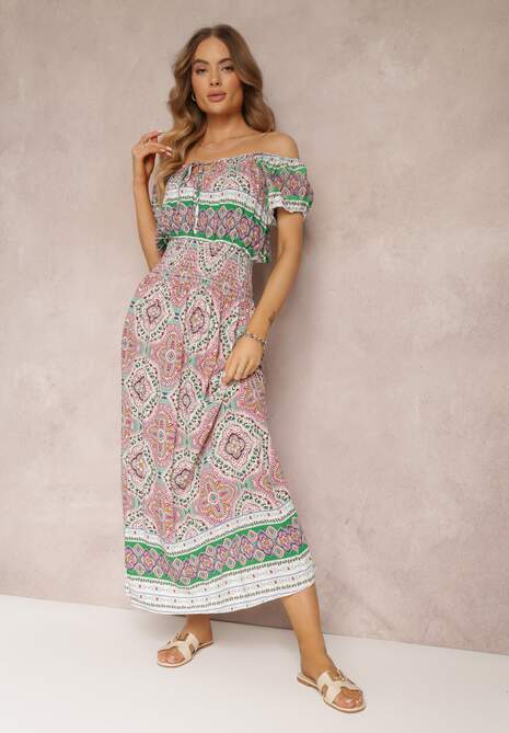 Zielono-Różowa Sukienka Maxi Hiszpanka  z Gumkami w Pasie i Ozdobnym Wiązaniem z Bawełny Giannis