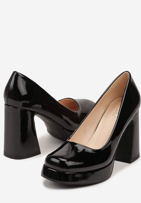 Czarne Czółenka na Obcasie z Kwadratowym Noskiem i Lakierowanym Połyskiem Viaella