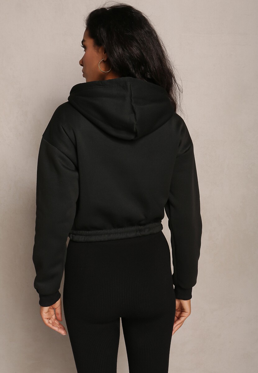 Czarna Krótka Bluza z Kapturem Ściągaczami i Ozdobnym Nadrukiem Relis