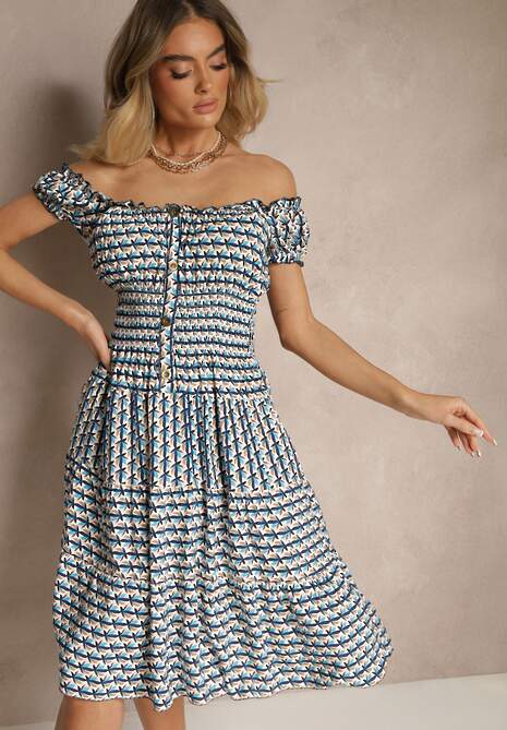 Niebieska Bawełniana Sukienka z Bufiastymi Rękawami i Guzikami Ronimera