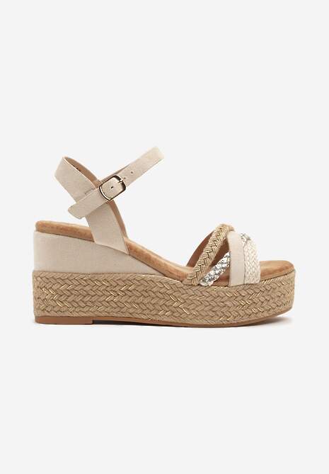 Beżowe Sandały Plecionej Platformie i Koturnie Aluie