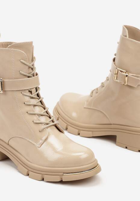 Beżowe Botki Workery na Słupku z Ozdobnym Paskiem i Klamrą Ansilia