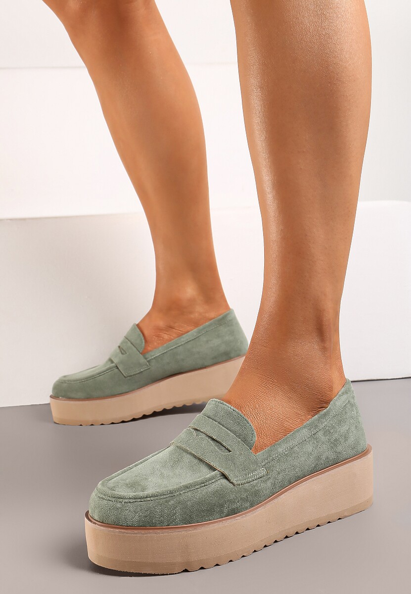 Zielone Półbuty w Stylu Mokasynów z Imitacji Zamszu na Platformie Vhisper