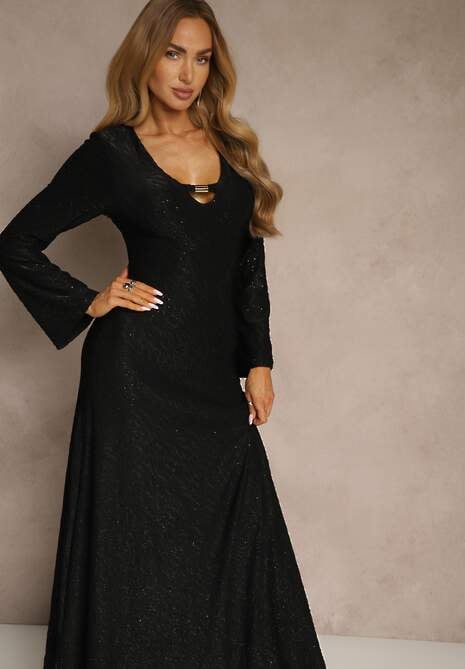 Czarna Rozkloszowana Sukienka Longsleeve w Zebrę Zdobiona Brokatem Mevilisa