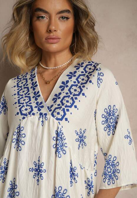 Niebiesko-Kremowa Sukienka Ozdobiona Ornamentalnym Wzorem z Wiskozą Daviloria