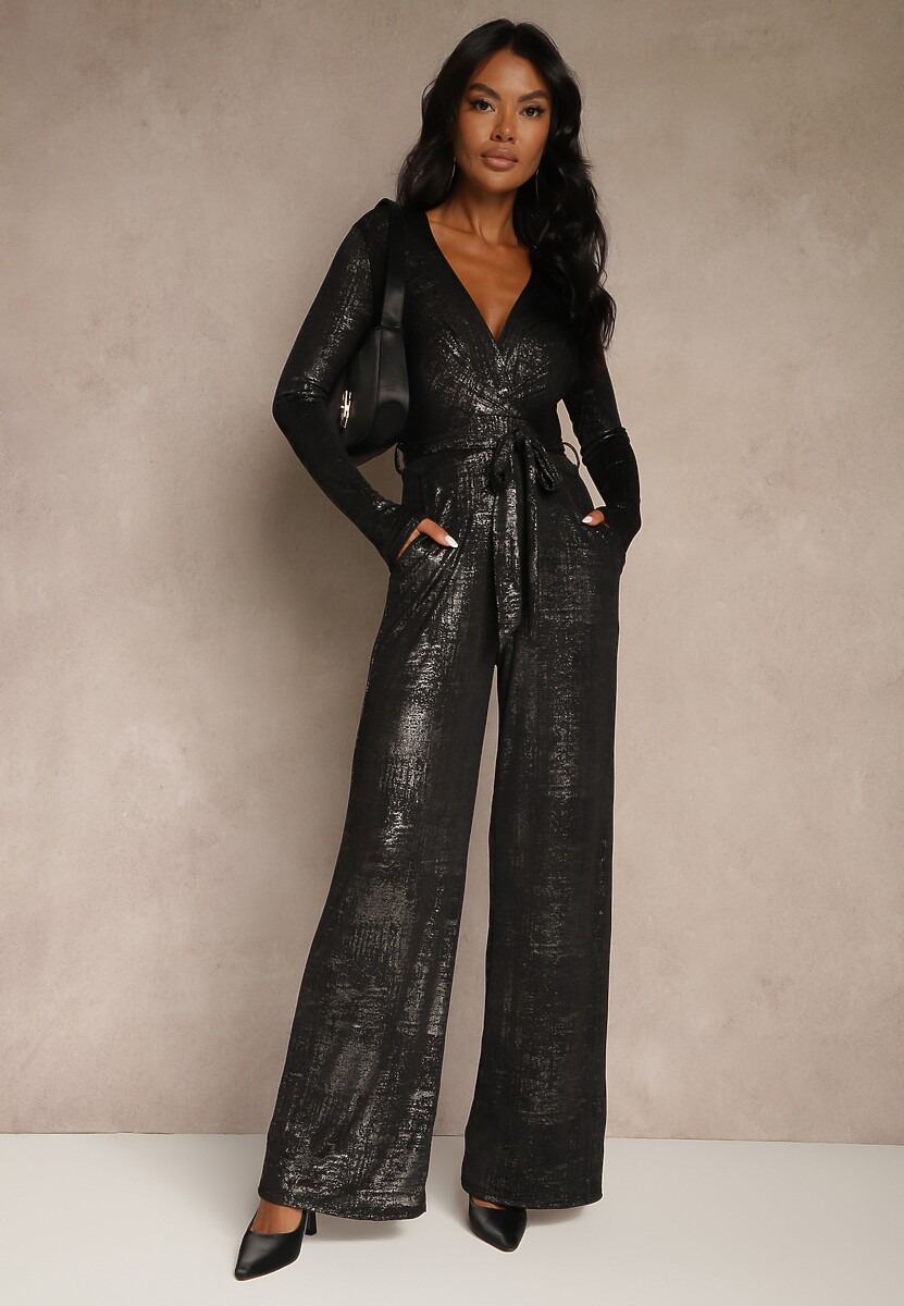 Czarno-Złoty Kombinezon z Wiskozą o Kopertowym Kroju z Wiązanym Paskiem Nalivere