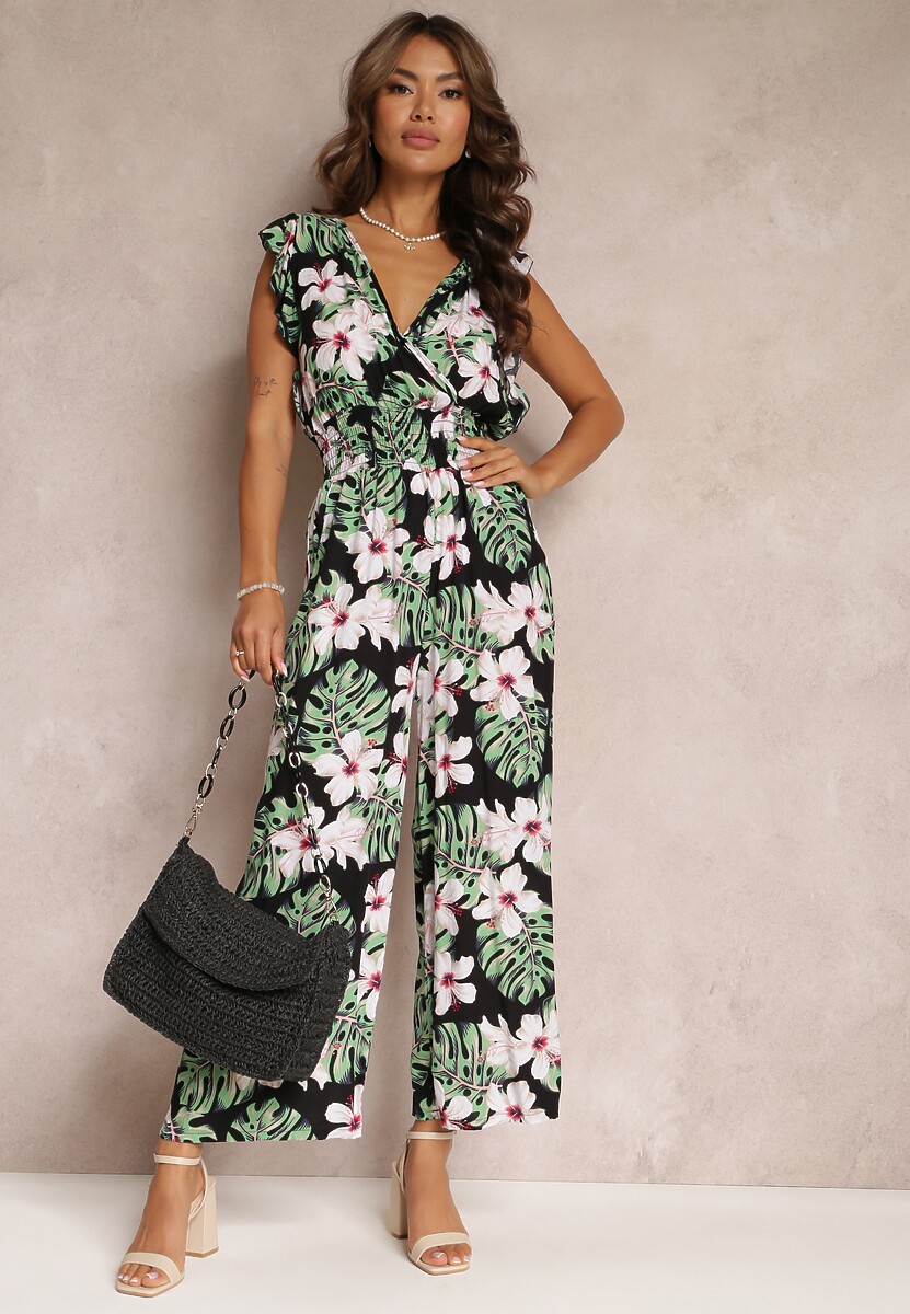 Czarno-Zielony Długi Kombinezon Bawełniany w Kwiaty Vegita