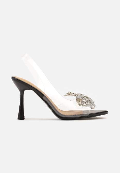 Czarne Sandały Szpilki Transparentne ze Świecącą Aplikacją na Nosku Efanelina