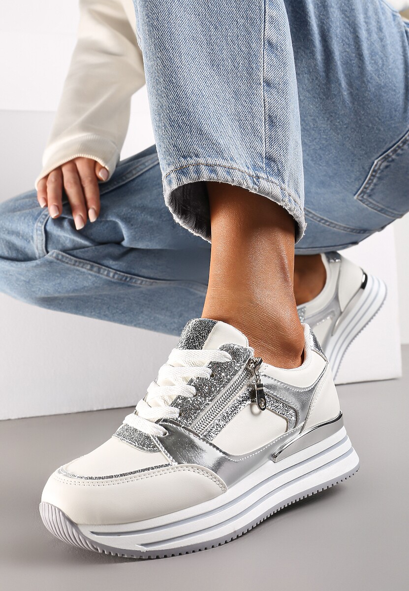 Czarne Sneakersy z Metalicznymi Wstawkami i Brokatem na Grubej Podeszwie Anova