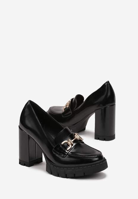 Czarne Półbuty z Klamerką na Słupku i Niskiej Platformie Kadosa