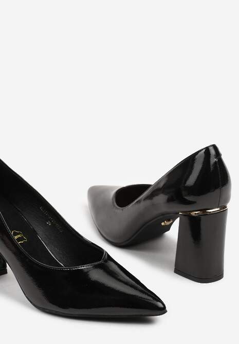 Czarne Czółenka Lakierowane Vices na Słupku z Wkładką ze Skóry Naturalnej Modvire