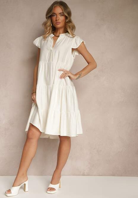 Jasnobeżowa Rozkloszowana Sukienka z Dekoltem w Kształcie Litery V Mevamara