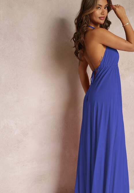 Granatowa Rozkloszowana Sukienka Bawełniana z Wiązaniem na Szyi Panethea