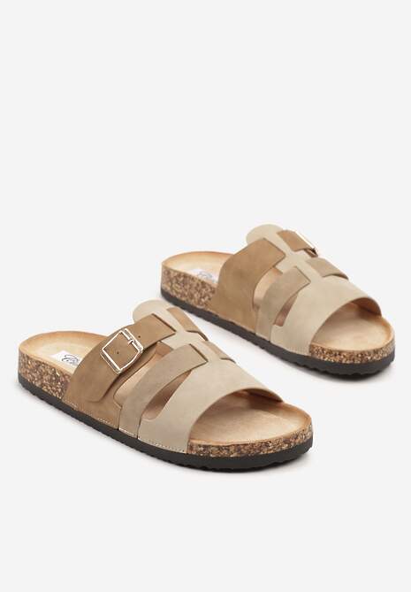 Beżowe Klapki z Ozdobnymi Paskami ze Sprzączką Derice