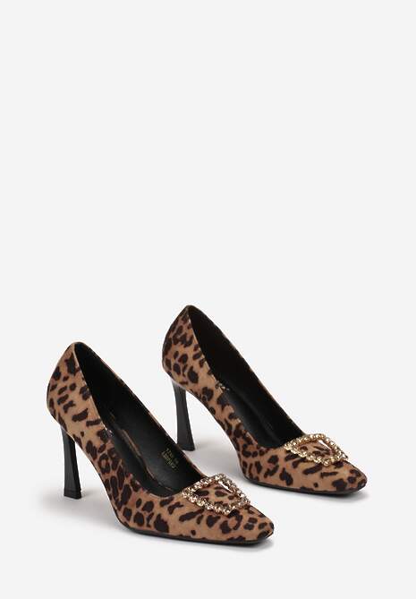 Brązowe Szpilki z Klamrą w Cyrkonie i Kwadratowym Noskiem Marilan