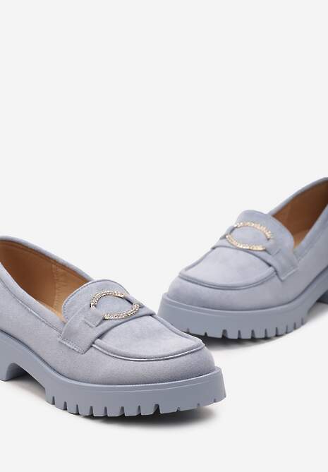 Niebieskie Mokasyny Wsuwane na Grubej Podeszwie z Metalowym Ozdobnym Kółkiem Pactina