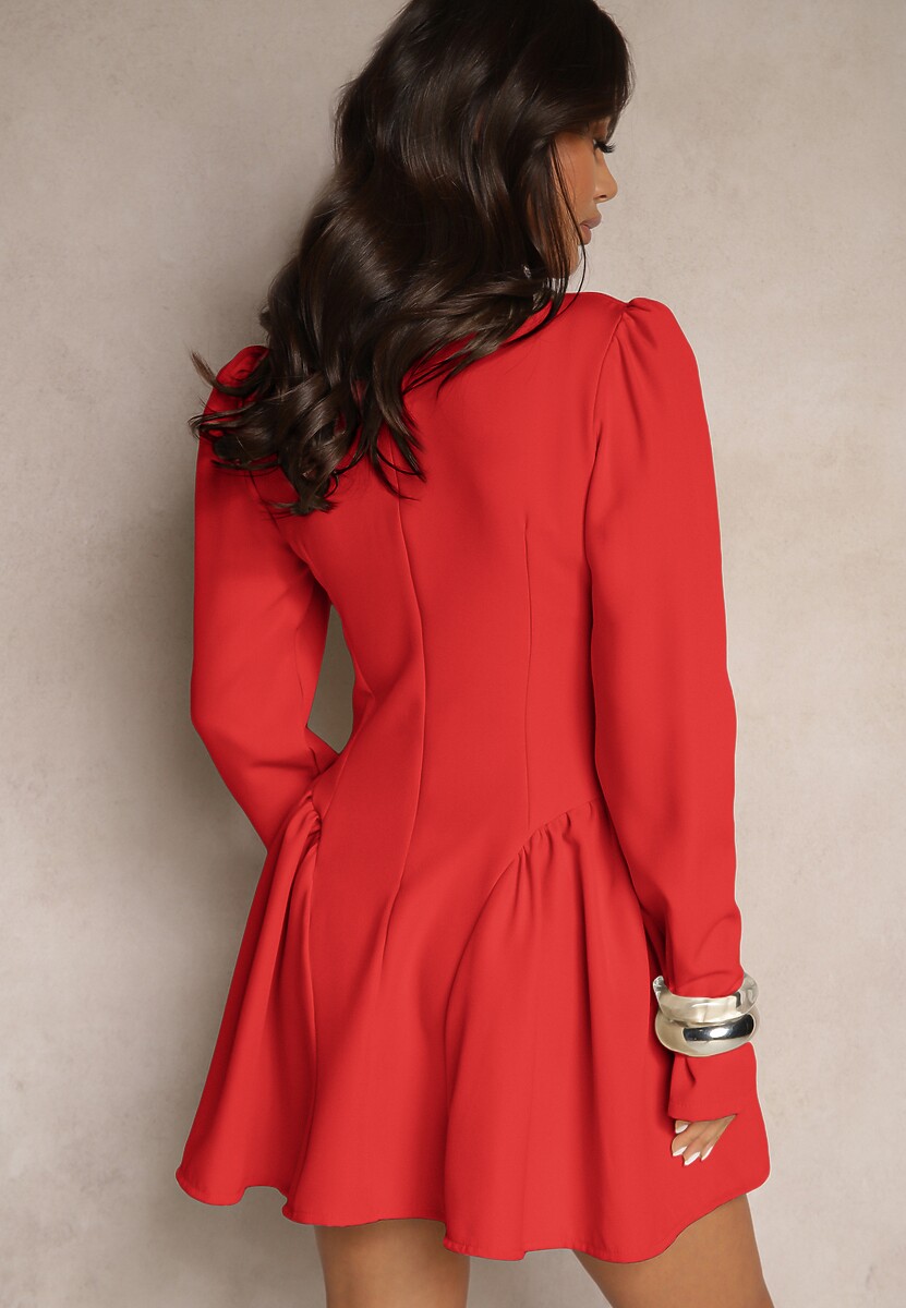 Czerwona Rozkloszowana Sukienka Koktajlowa z Gorsetową Górą i Falbankami Arisora