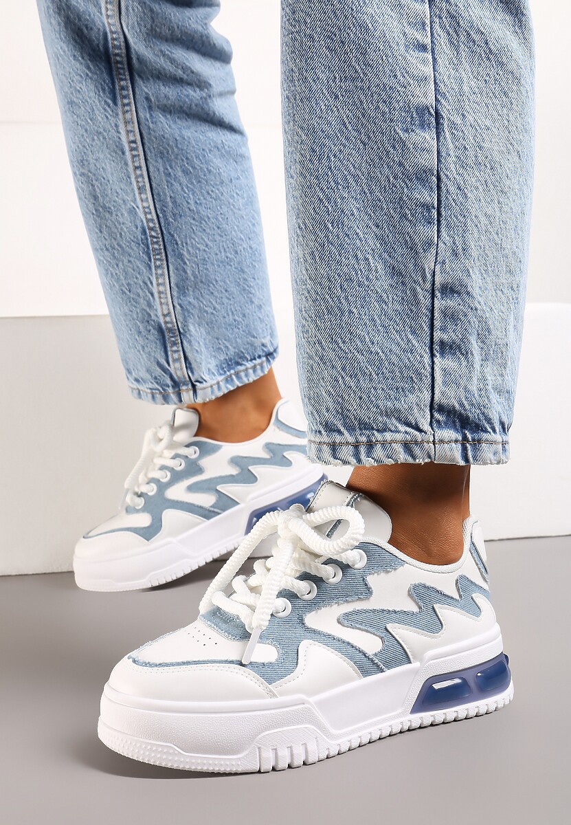 Biało-Niebieskie Sneakersy z Szerokimi Sznurowadłami Ozdobione Tłoczeniami i Wstawką przy Podeszwie Ulares