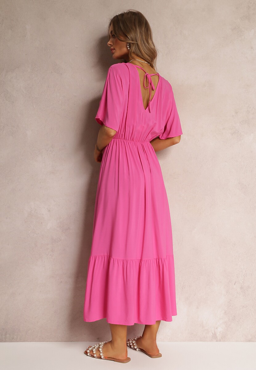 Fuksjowa Wiskozowa Sukienka Maxi z Troczkiem z Frędzlami i Gumką w Pasie Tresis