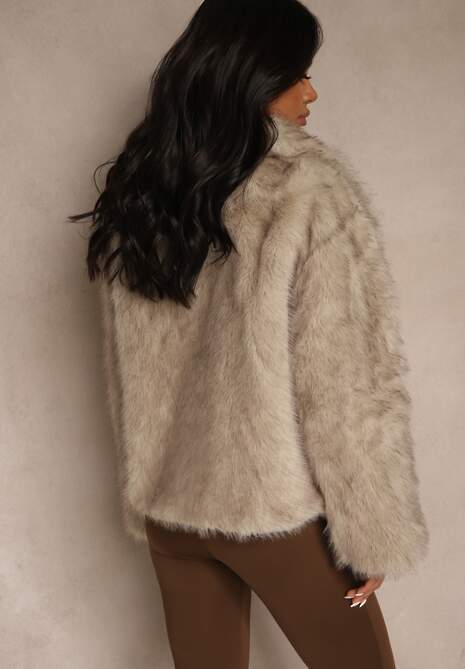 Ciemnobeżowa Kurtka Futrzana Ozdobiona Kołnierzem Avelire