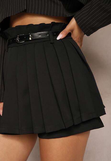 Czarne Spódnico-Szorty Plisowane High Waist Ozdobione Paskiem Eranivia