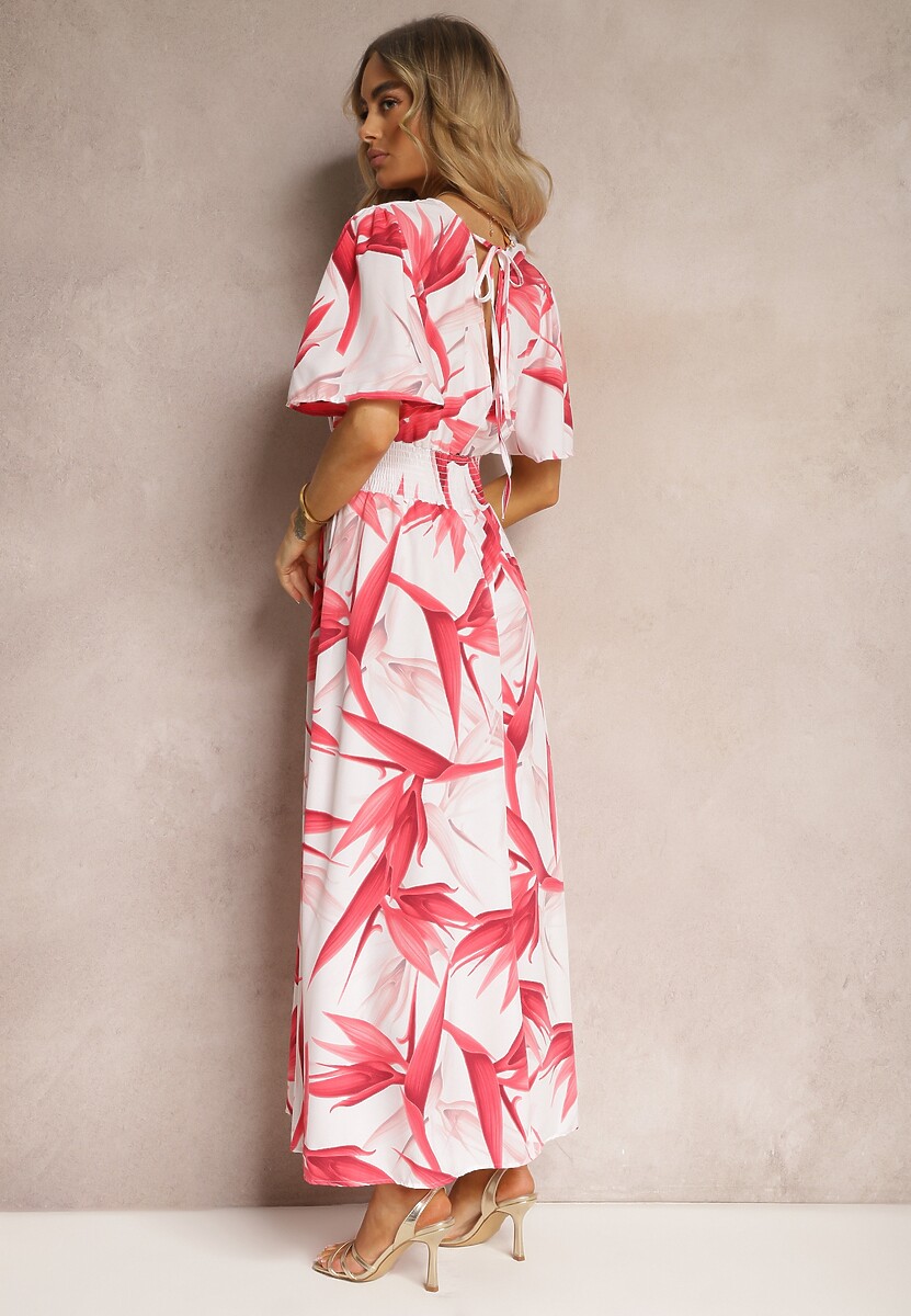 Różowo-Biała Kopertowa Sukienka Wiązana na Plecach z Gumką w Talii Jeteri