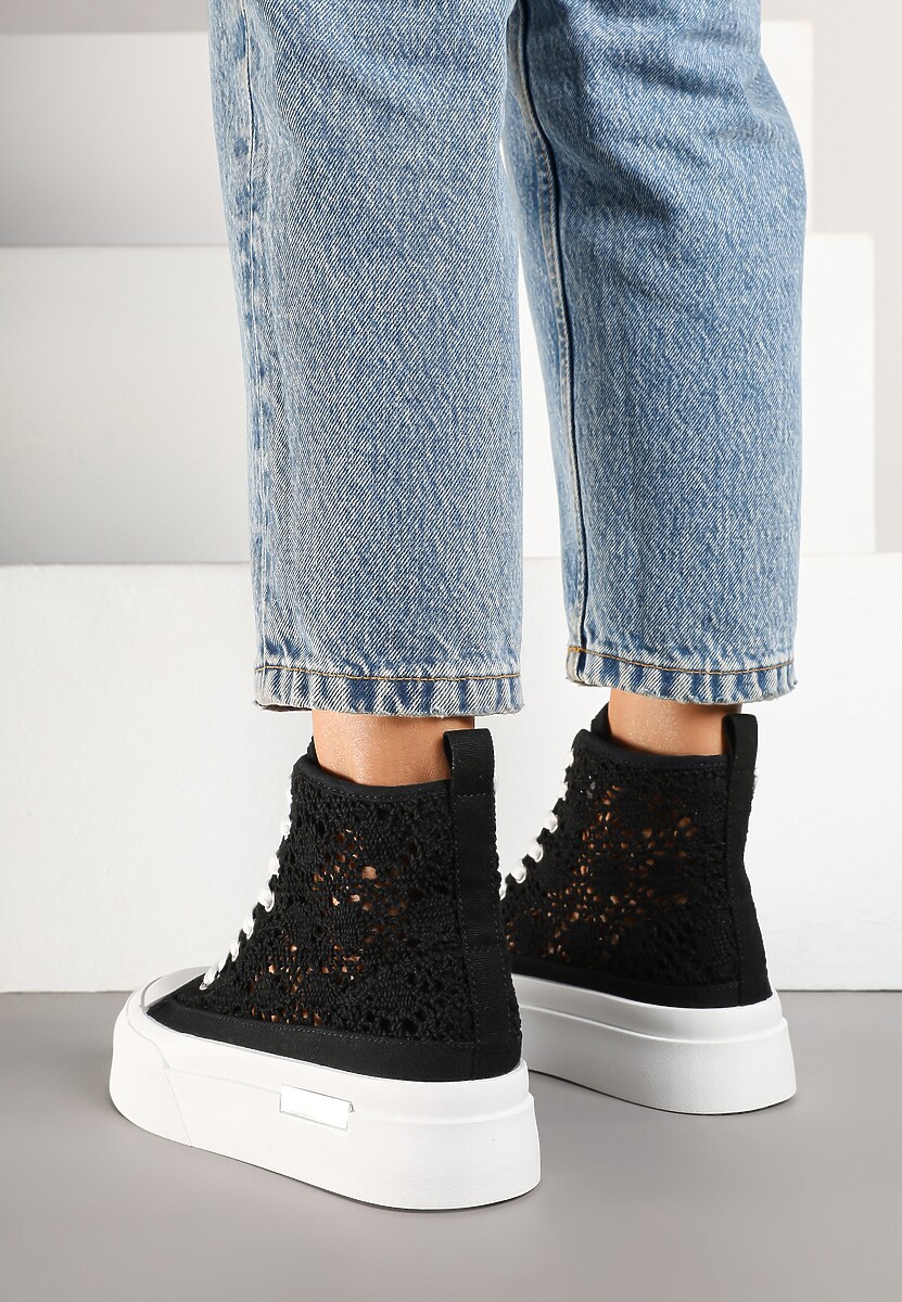 Czarne Trampki na Platformie z Wysoką Ażurową Cholewką Velgisia