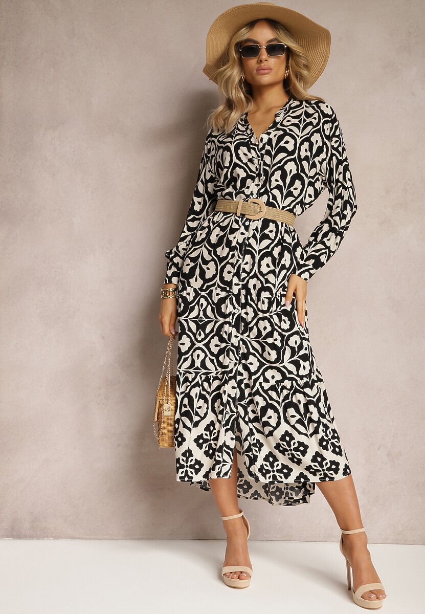 Czarna Koszulowa Sukienka Ozdobiona Ornamentalnym Printem Crypta