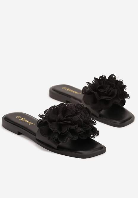 Czarne Klapki z Kwiatami 3D Fevionne