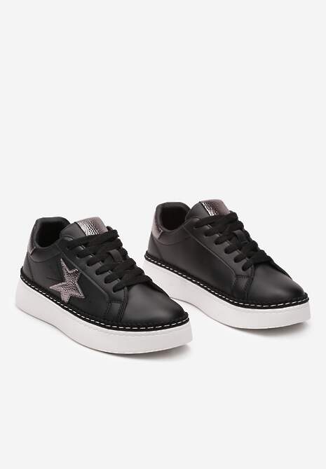 Czarne Płaskie Sneakersy ze Sznurowaniem i Metalicznymi Wykończeniami Delulla