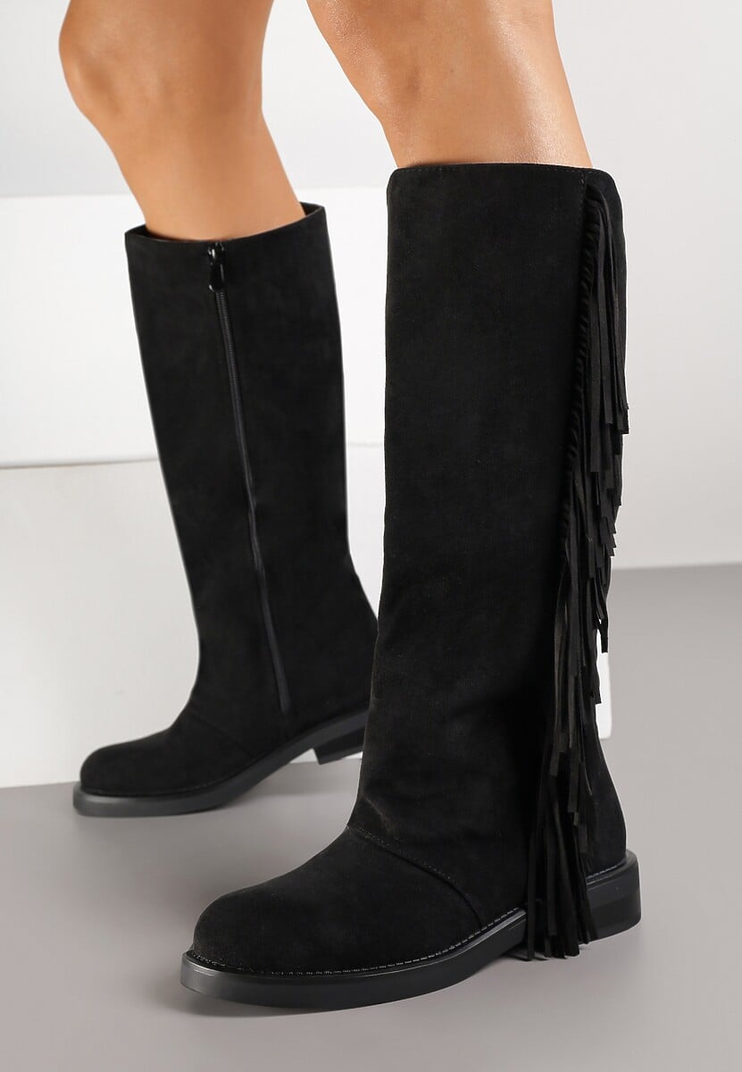 Ciemnobeżowe Kozaki z Imitacji Zamszu w Estetyce Boho Zdobione Frędzlami Vemarose