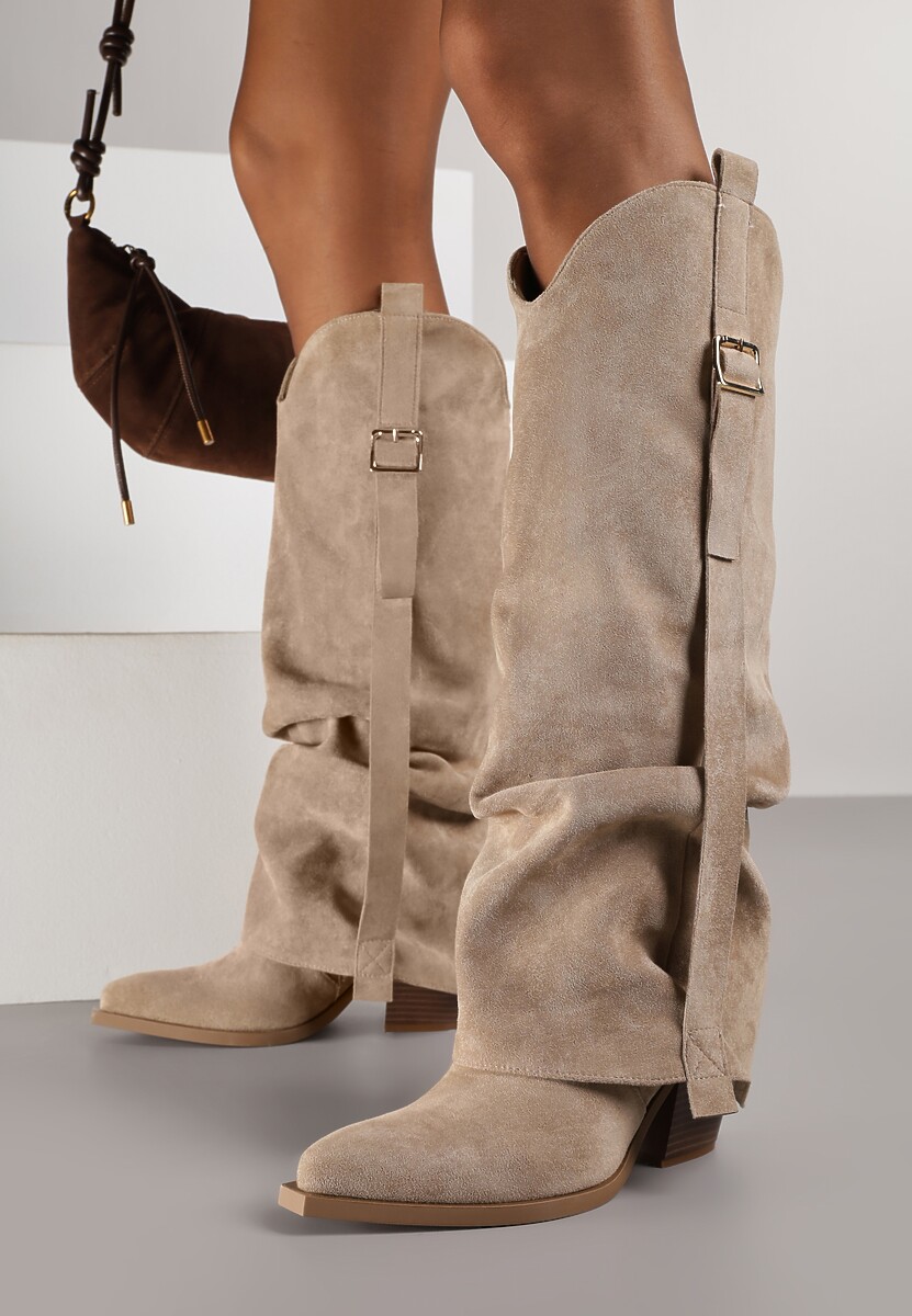 Brązowe Kozaki na Stożku Typu Kowbojki Ozdobione Klamrą i Wywiniętą Cholewką Nalirella