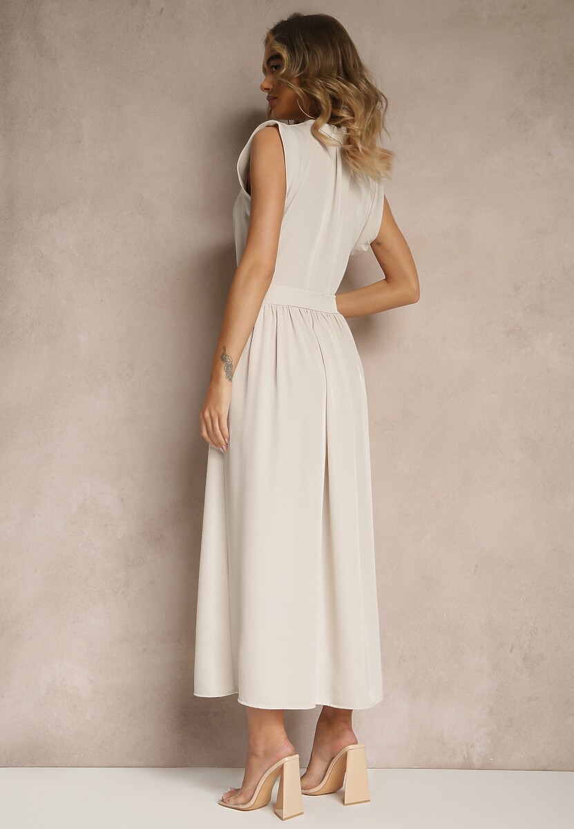 Beżowa Sukienka z Paskiem Koszulowa o Rozkloszowanym Fasonie Mavoselle