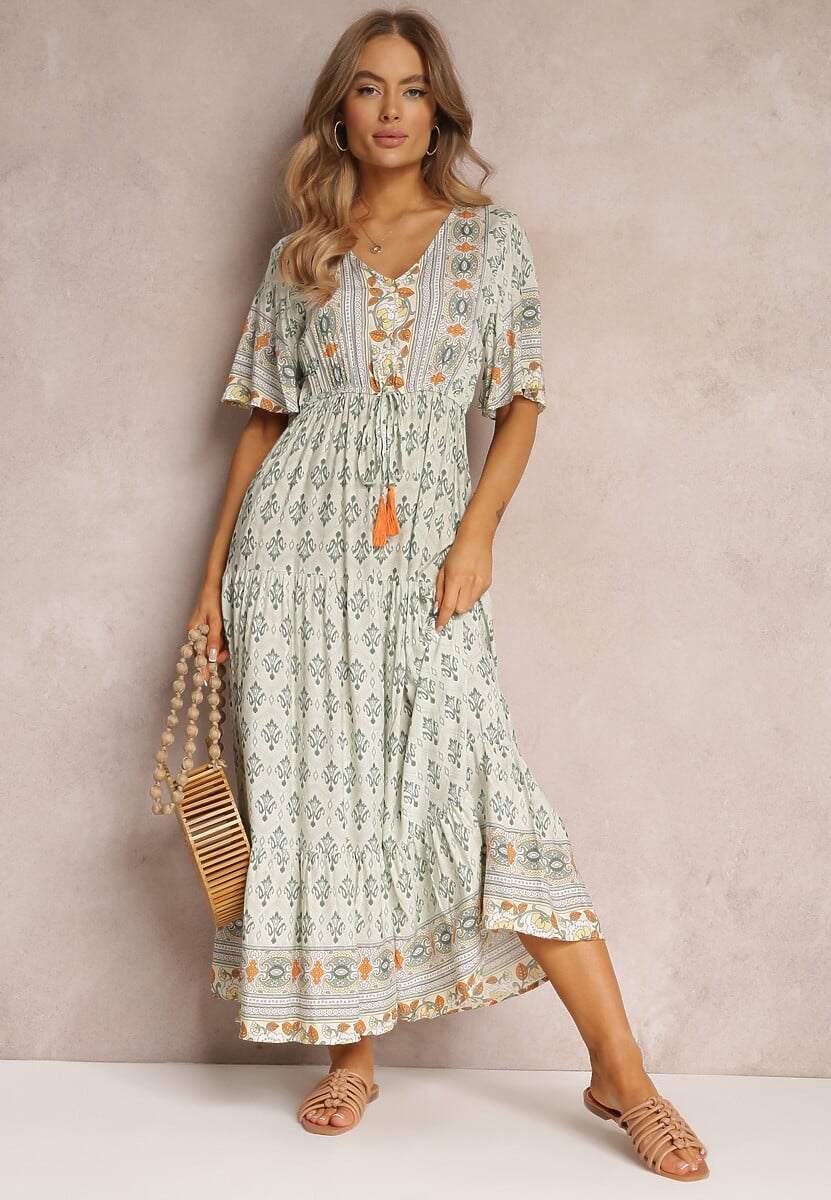 Miętowa Sukienka Maxi z Krótkim Rękawem i Gumką w Talii Emaya