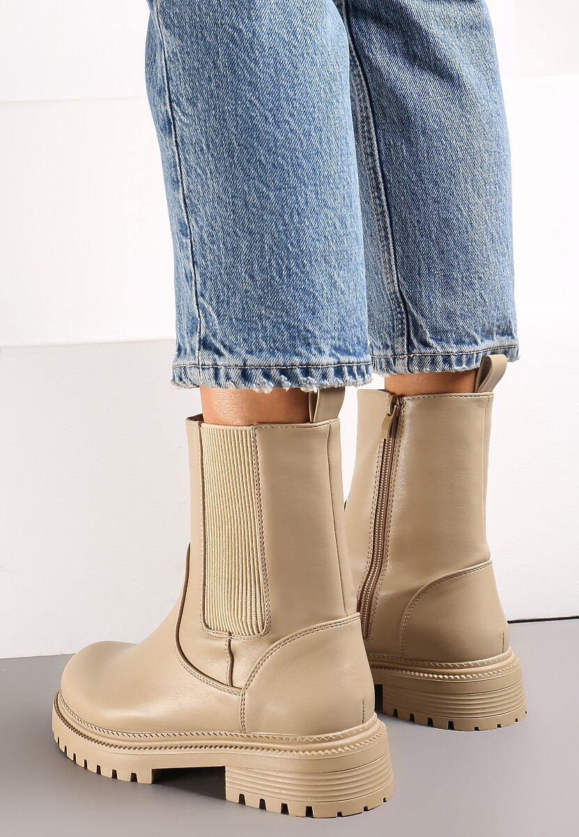 Beżowe Botki w Stylu Workerów na Grubej Podeszwie Avronia