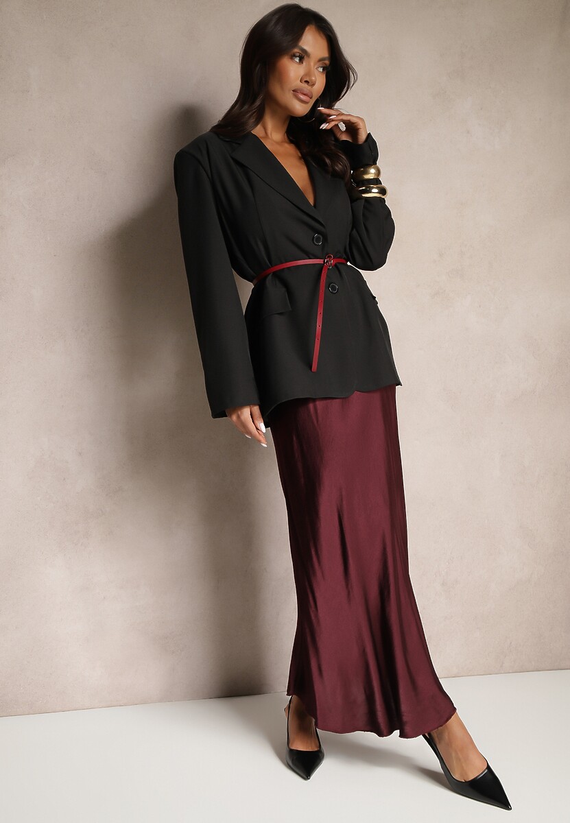 Bordowa Rozkloszowana Spódnica Satynowa z Wiskozy Rihaniel