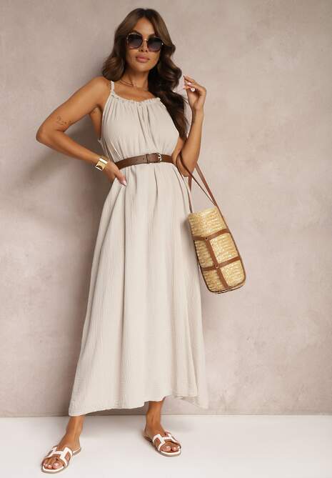 Beżowa Sukienka Muślinowa z Bawełny na Ramiączkach z Regulacją i Wiązaniem przy Dekolcie Felisea