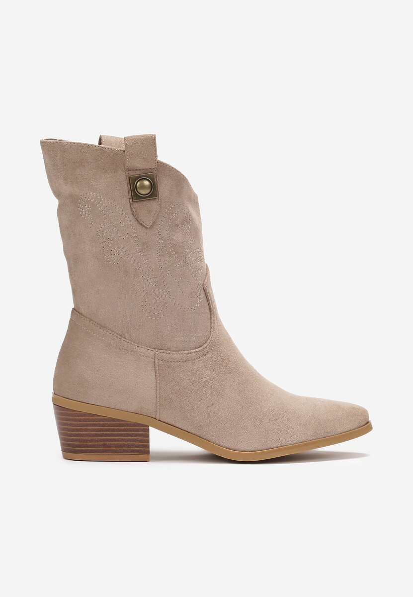 Ciemnobeżowe Botki z Imitacji Zamszu na Płaskim Obcasie z Haftowaniem Davonia