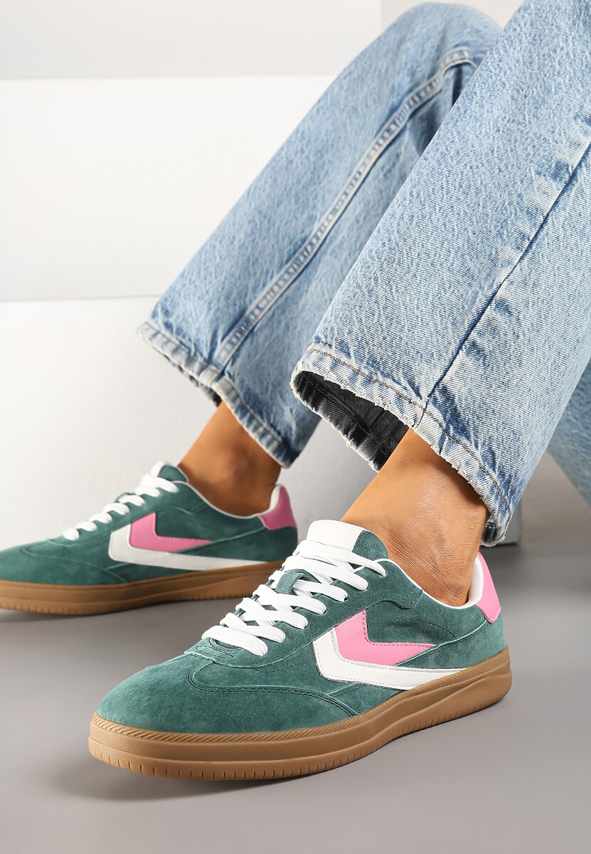 Zielone Sneakersy Skórzane w Stylu Tenisówek z Geometrycznym Motywem Erisane