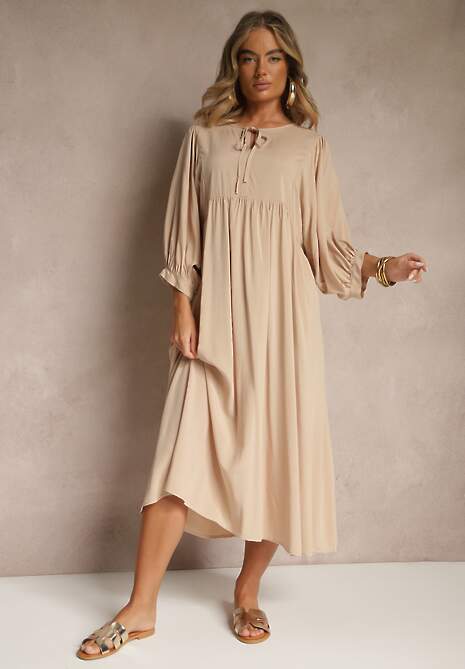 Beżowa Wiskozowa Sukienka o Rozkloszowanym Kroju Wiązana przy Dekolcie Tilvessa