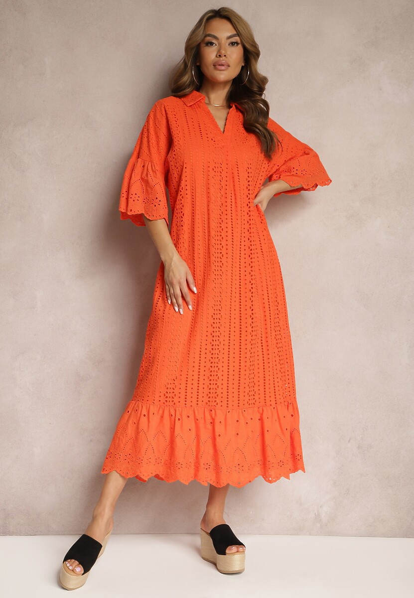 Pomarańczowa Koronkowa Sukienka z Bawełny z Rękawem 3/4 o Rozszerzanym Kroju z Falbanką Mines