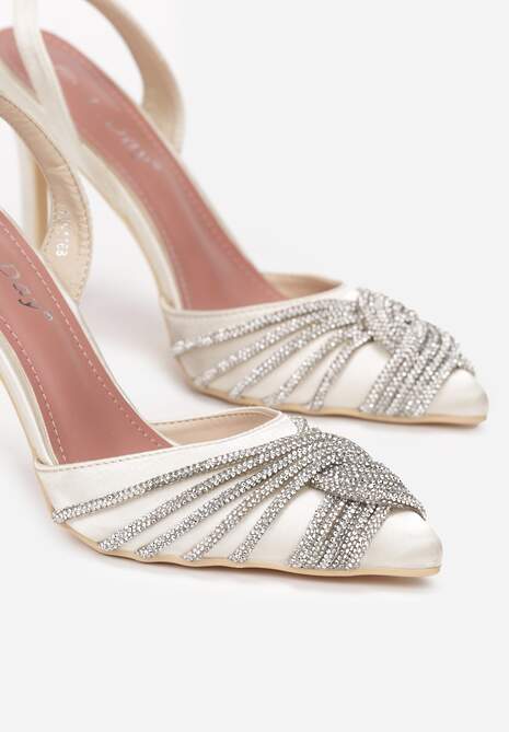 Beżowe Sandały Satynowe na Szpilce z Cyrkoniami Capho