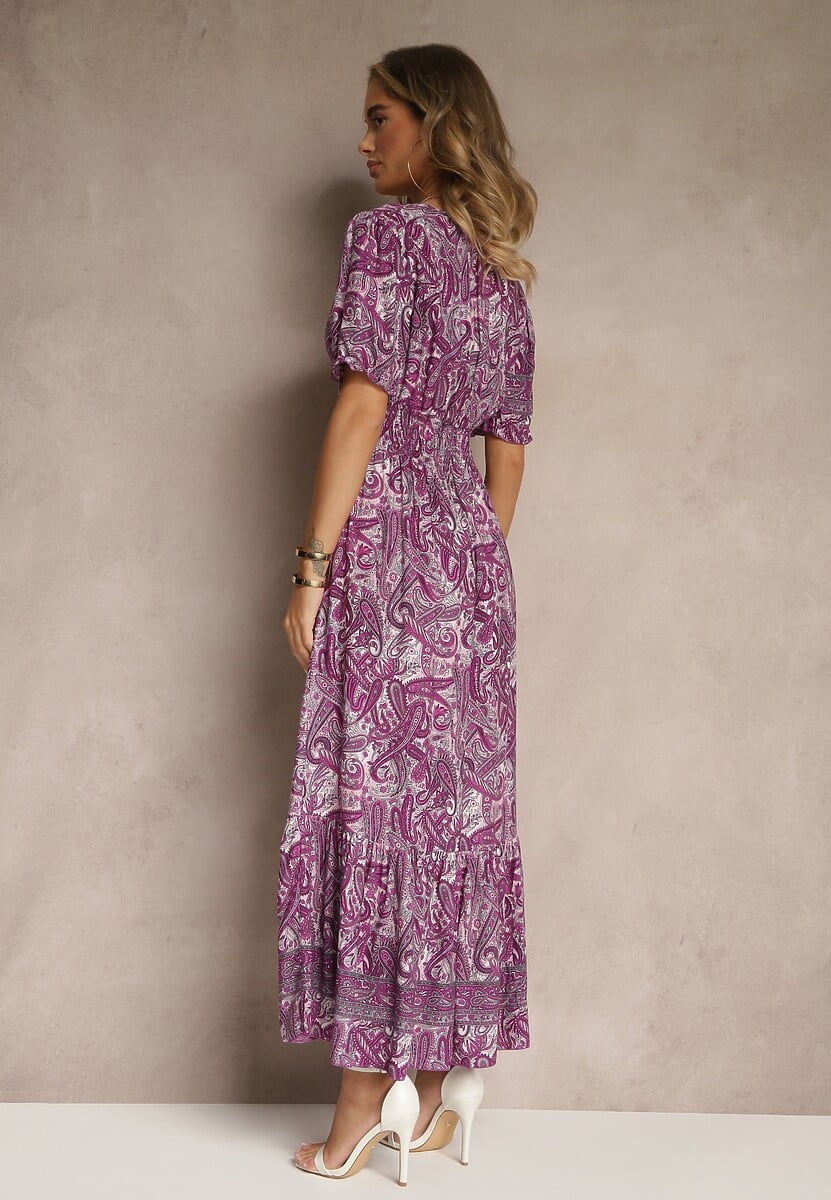 Ciemnoróżowa Rozkloszowana Sukienka z Bawełny Zdobiona Wzorem Paisley Folitea